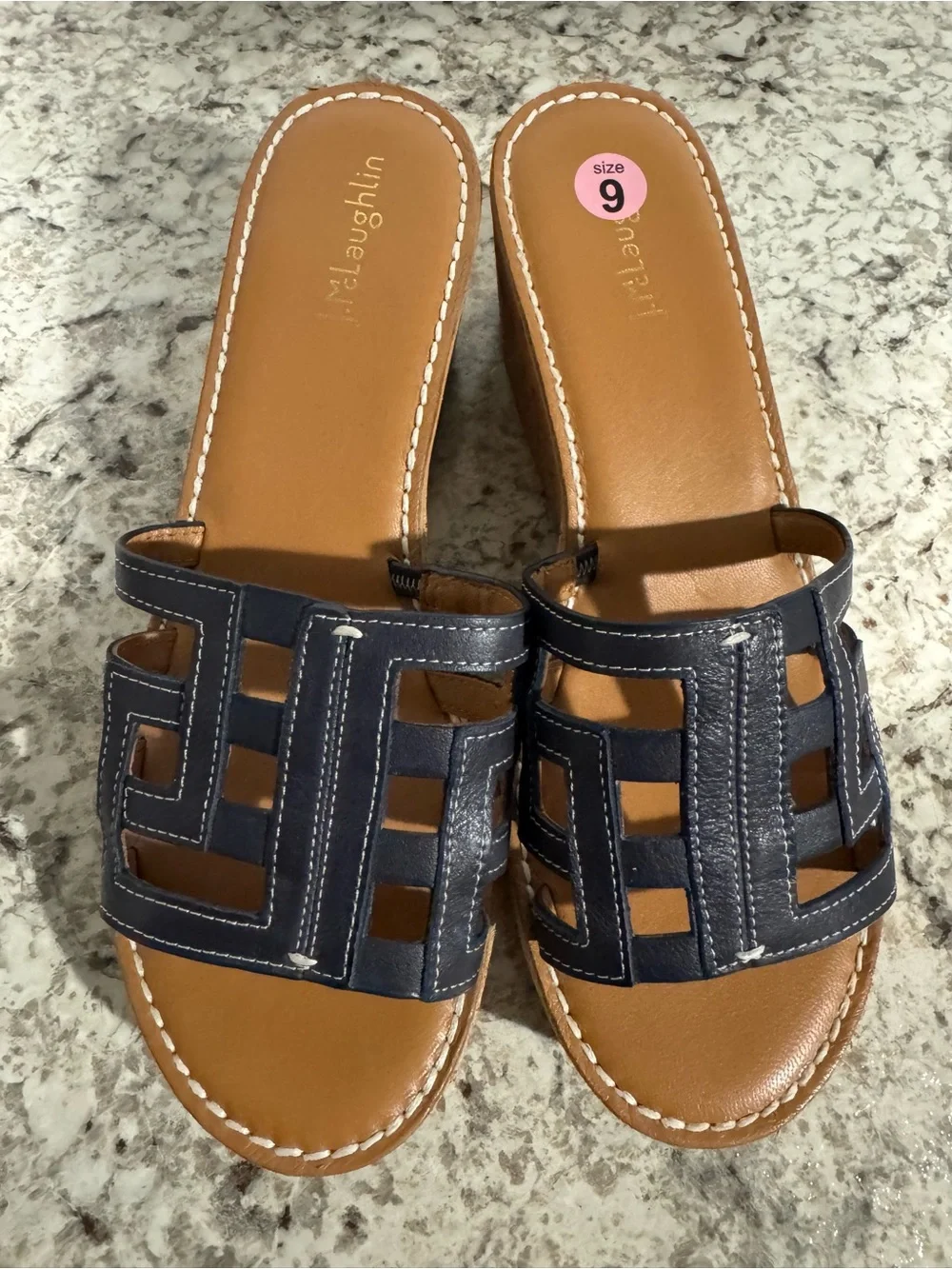 J. McLaughlin Piper wedge platform slide cork bottom sandals Navy Brown Size 9
